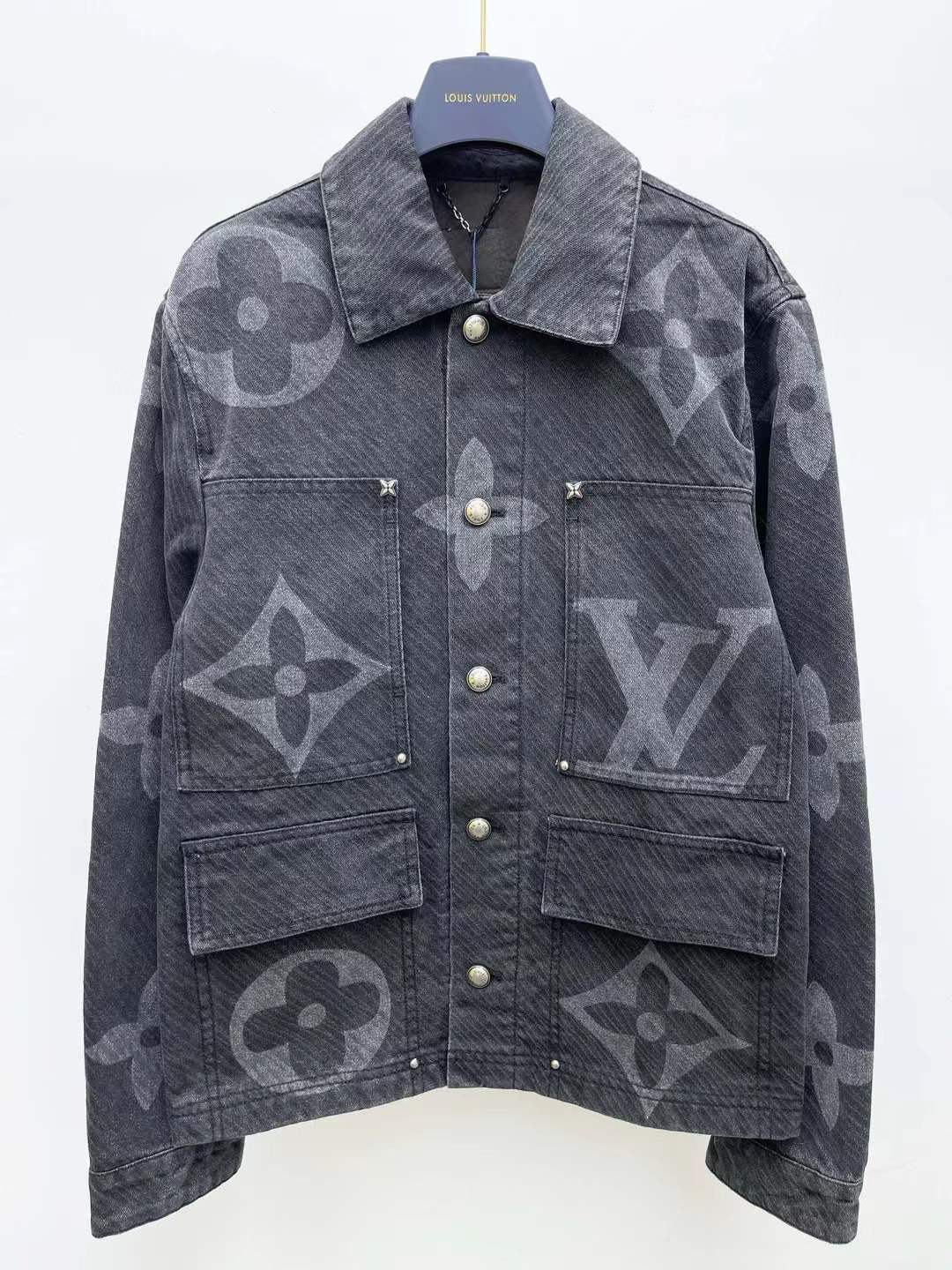 LV Monogram Denim Blouson in charcoal grey, featuring a diagonal Epi jacquard weave overprinted with a graphic Monogram Macro motif