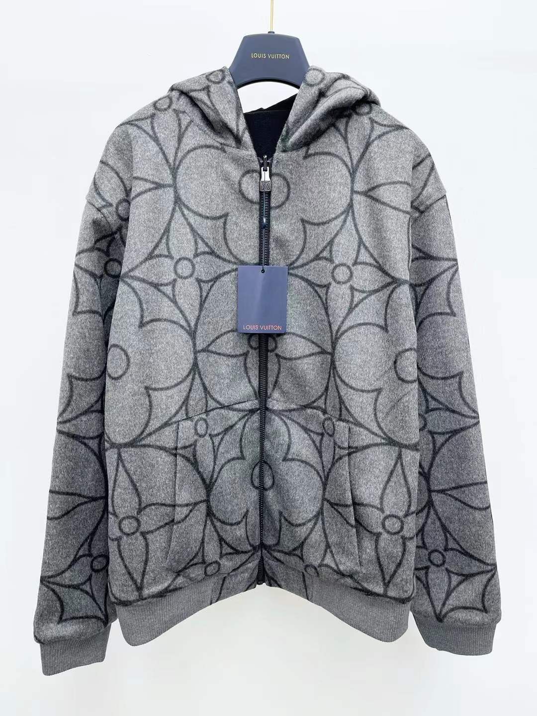 LV Reversible Double Face Hooded Blouson in grey wool with an enlarged Monogram Flower motif