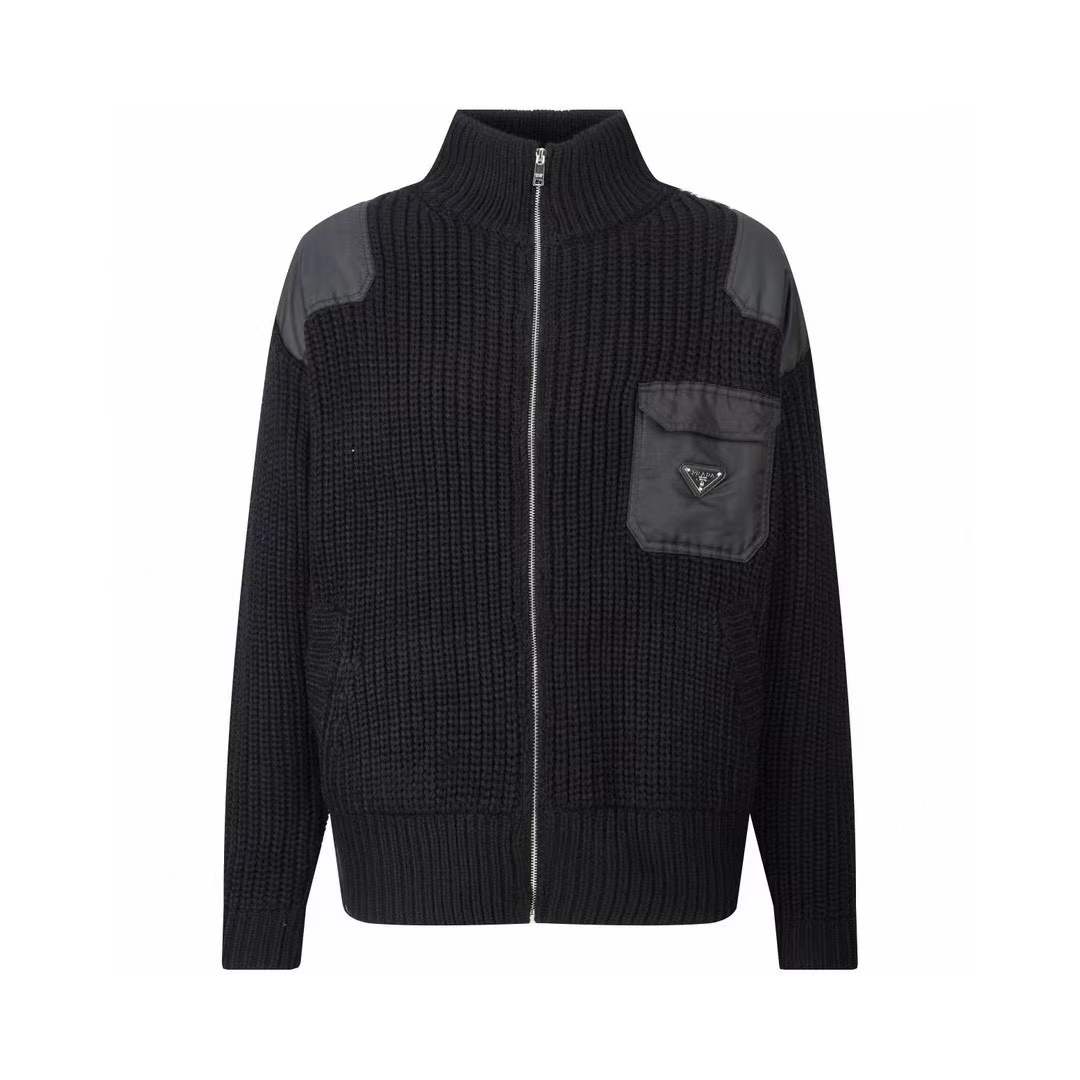 Prada Black Wool Blend Cardigan featuring Re-Nylon