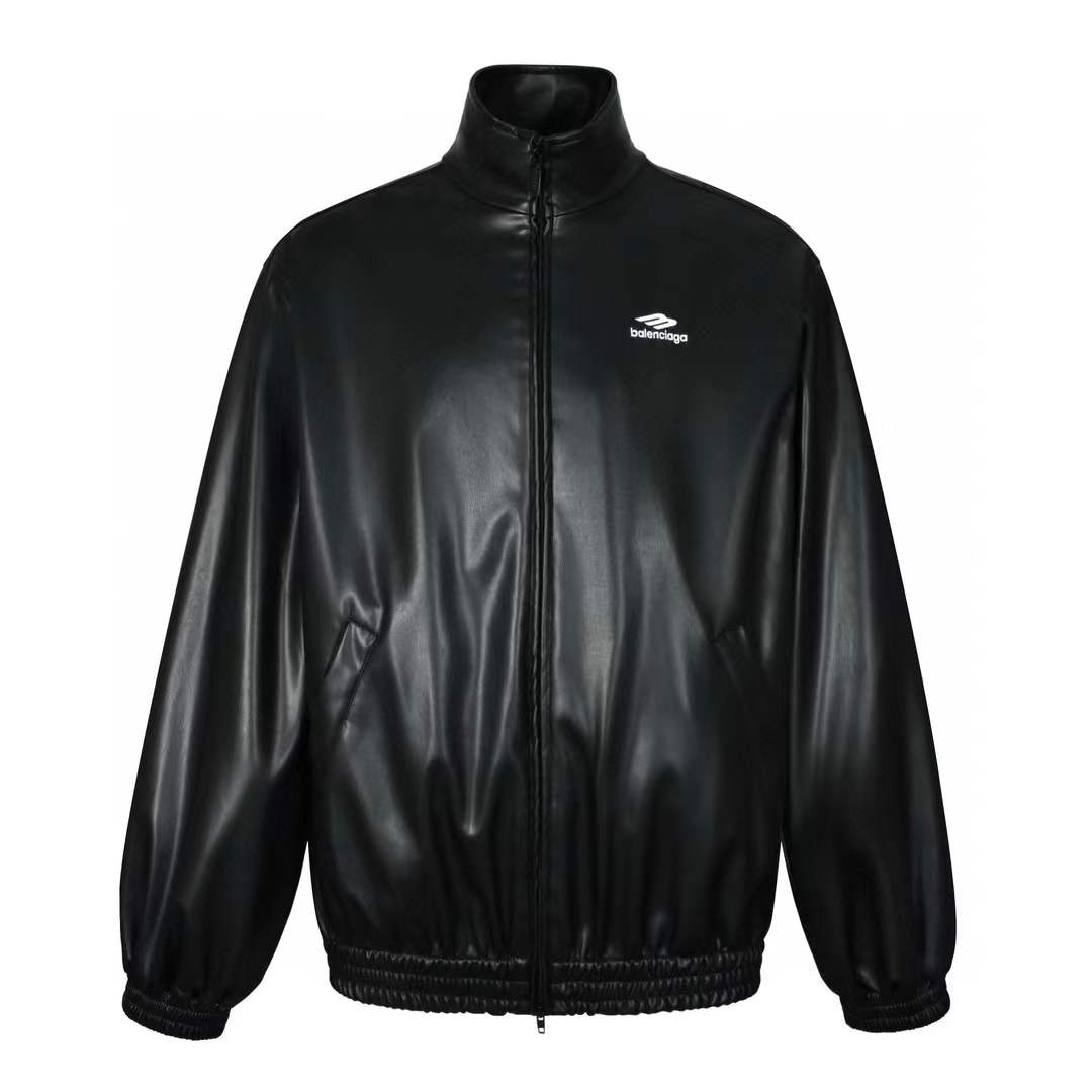 Balenciaga 3B Logo Oversize Leather Track Jacket in black