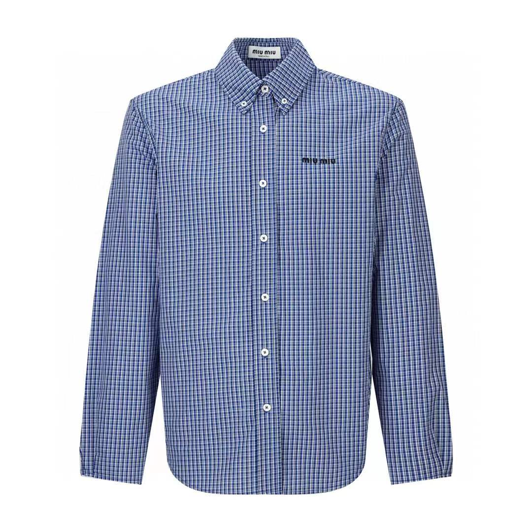 Miu Miu blue and white checked cotton shirt with an embroidered logo