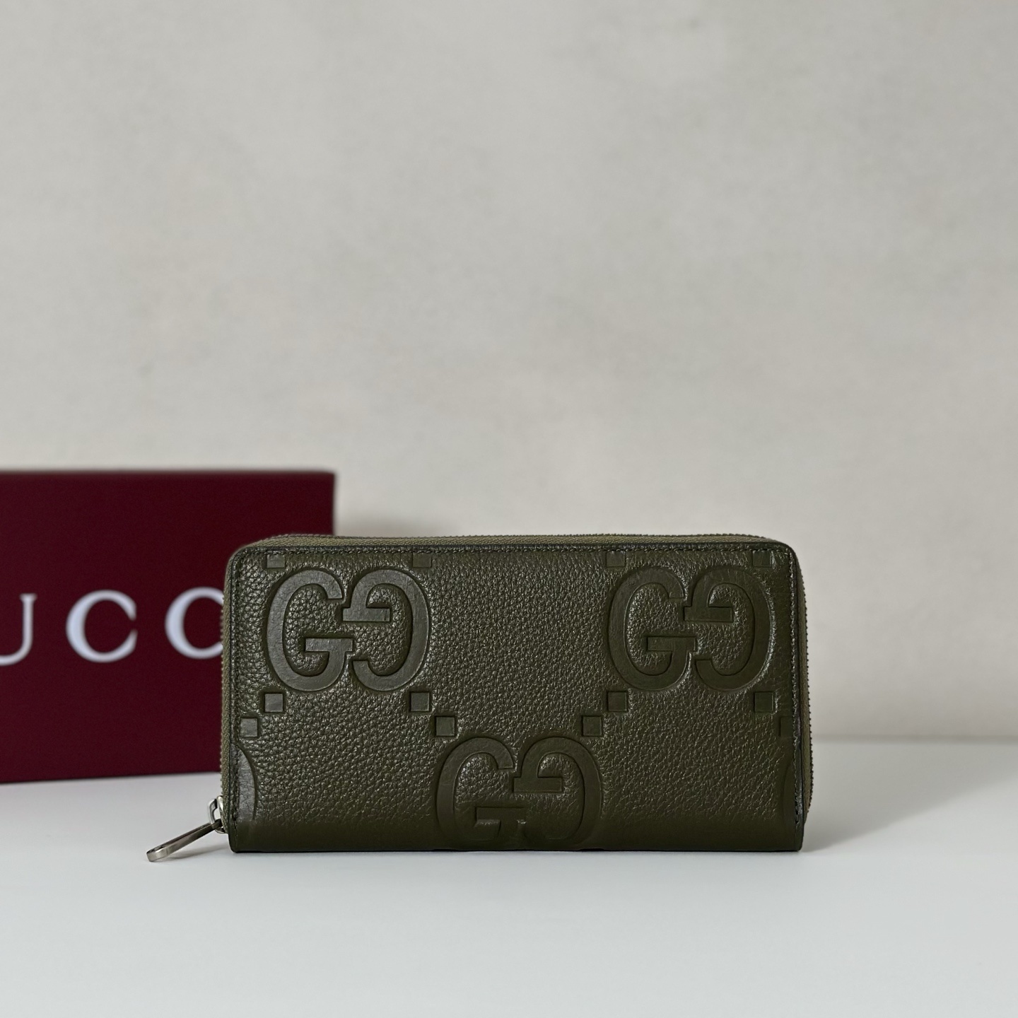 Gucci Jumbo GG Zip Around Wallet in dark or military green leather