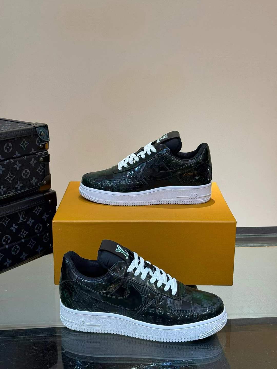 LV Air Force 1 sneaker black with a white midsole and an all-over crocodile-embossed leather upper