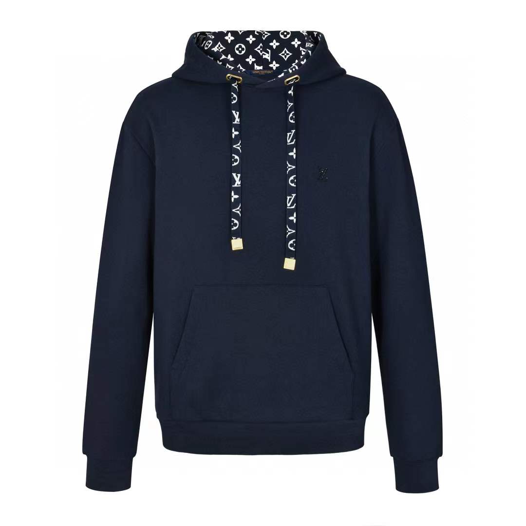 LV Cotton Hoodie in navy blue with a printed Monogram motif inside the hood and on the drawstrings