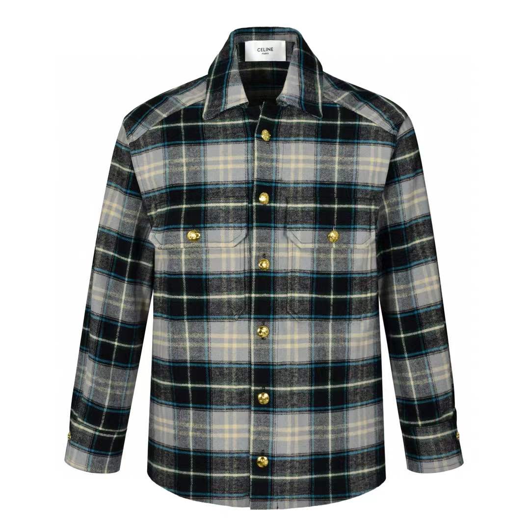 Celine by Hedi Slimane plaid flannel shirt in grey, black, and white hues