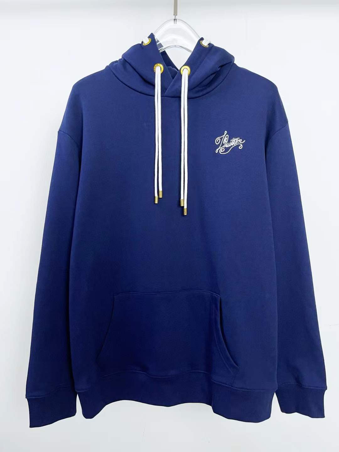 LV Embroidered Signature Hoodie in navy blue organic cotton