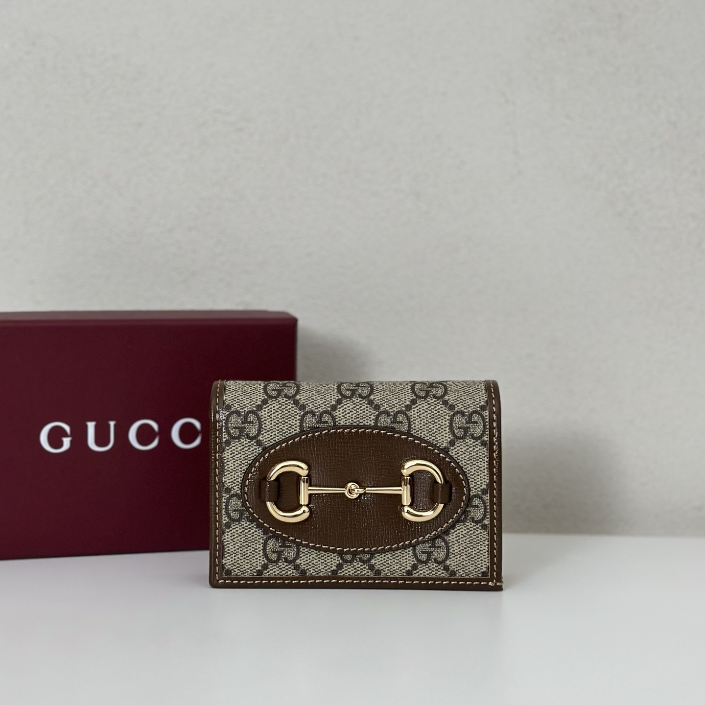 Gucci Horsebit 1955 card case wallet in beige and ebony Supreme canvas and brown leather