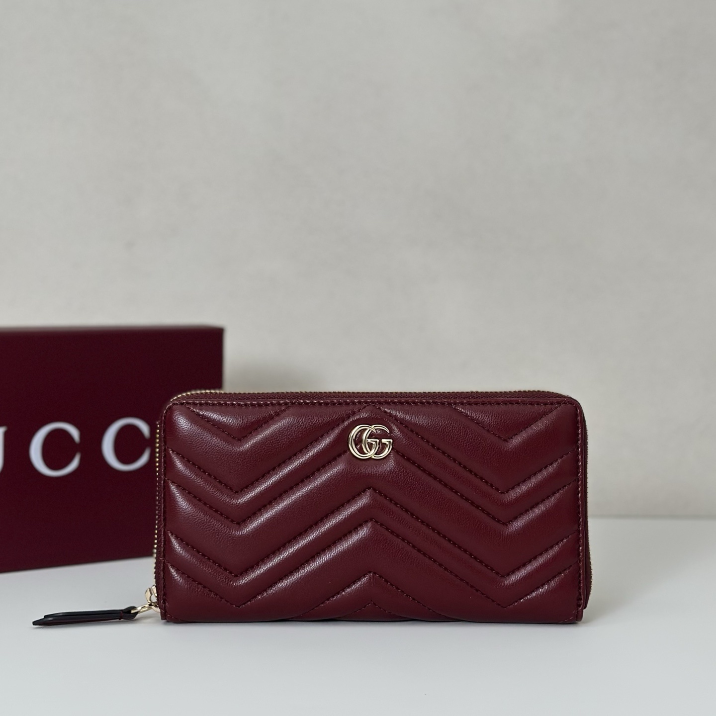 Gucci GG Marmont Zip Around Calfskin Leather Wallet in red
