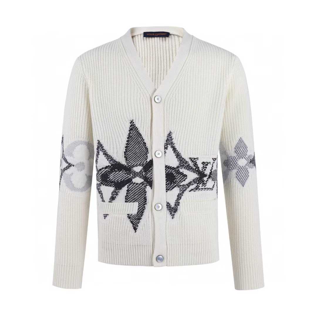 lv Graphic Knitted Cardigan in Almond Milk wool.