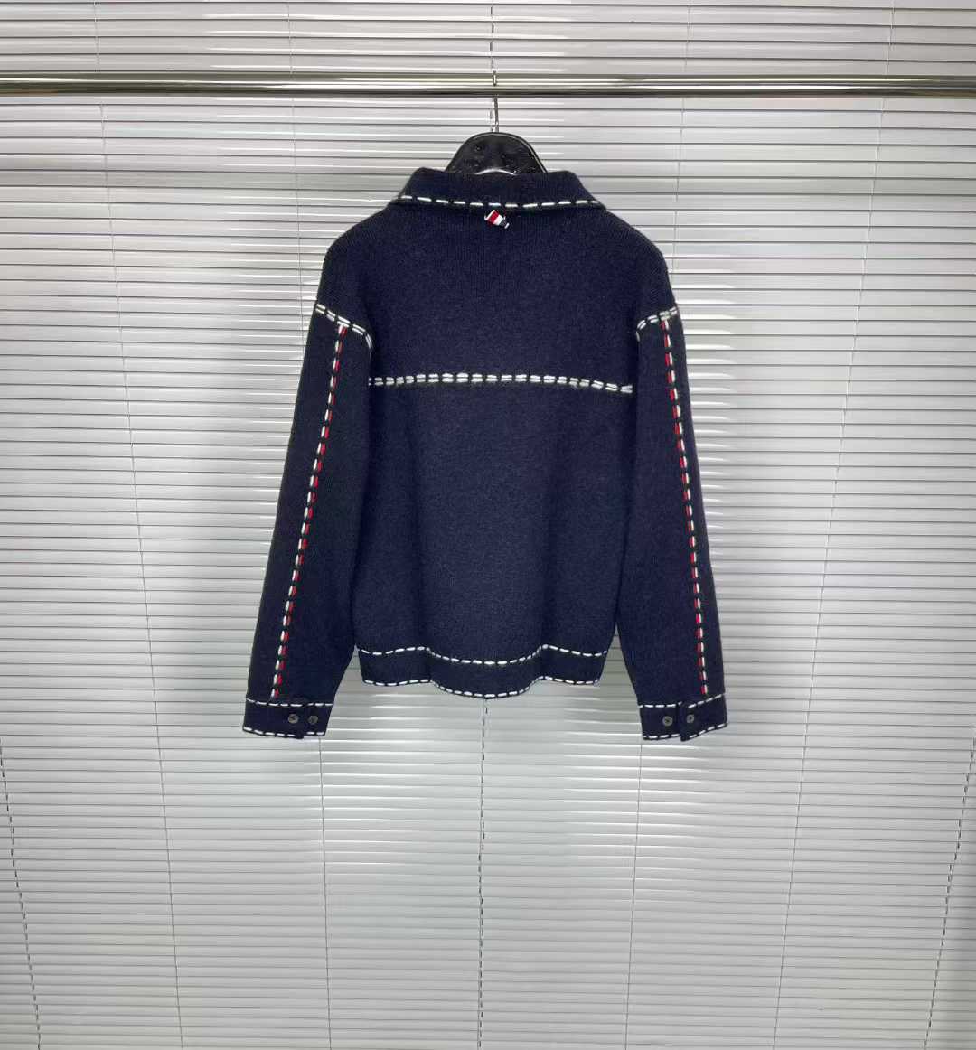 Thom Browne navy blue cardigan with white stitching