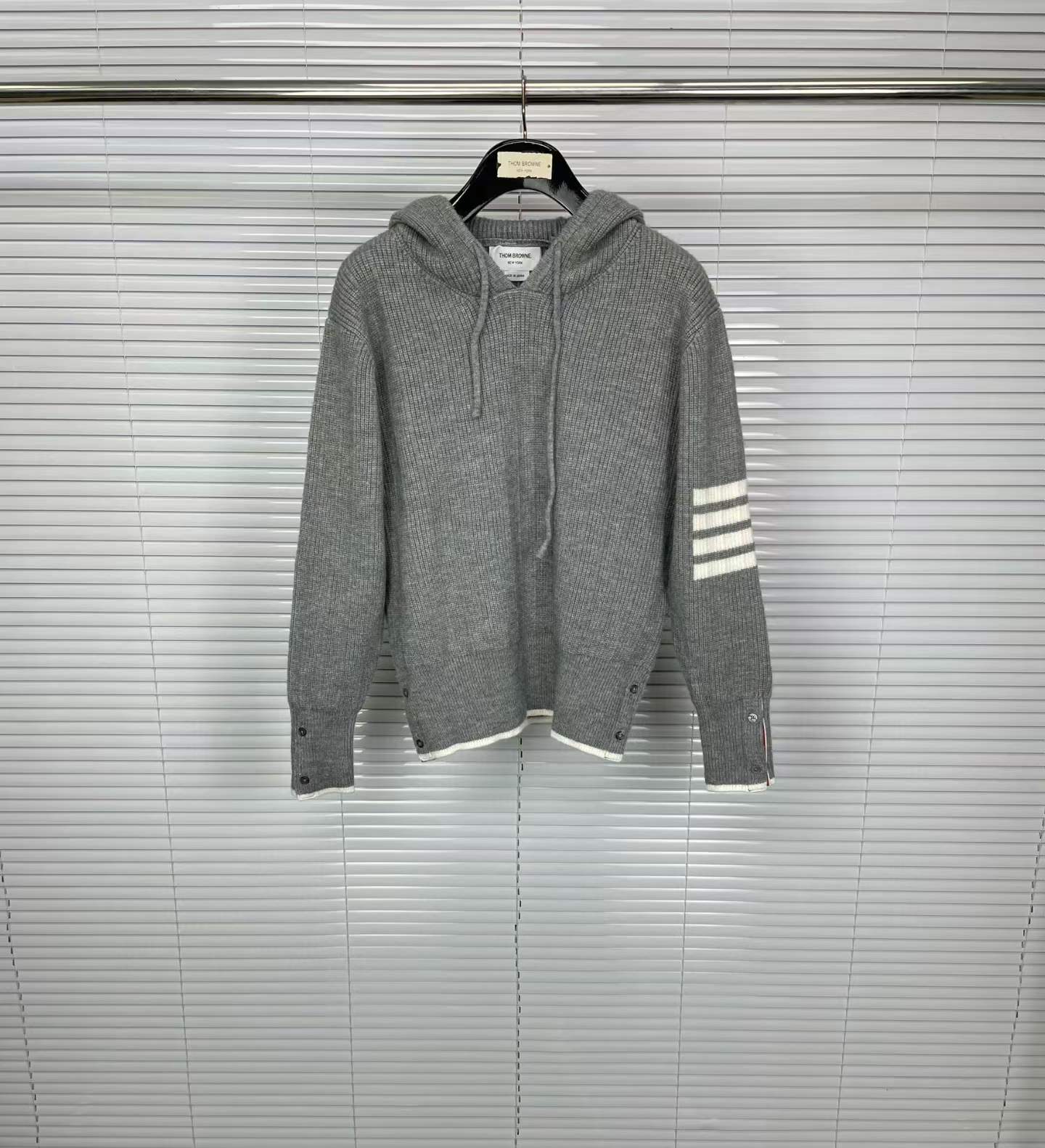 Thom Browne grey cashmere ribbed knit striped hoodie