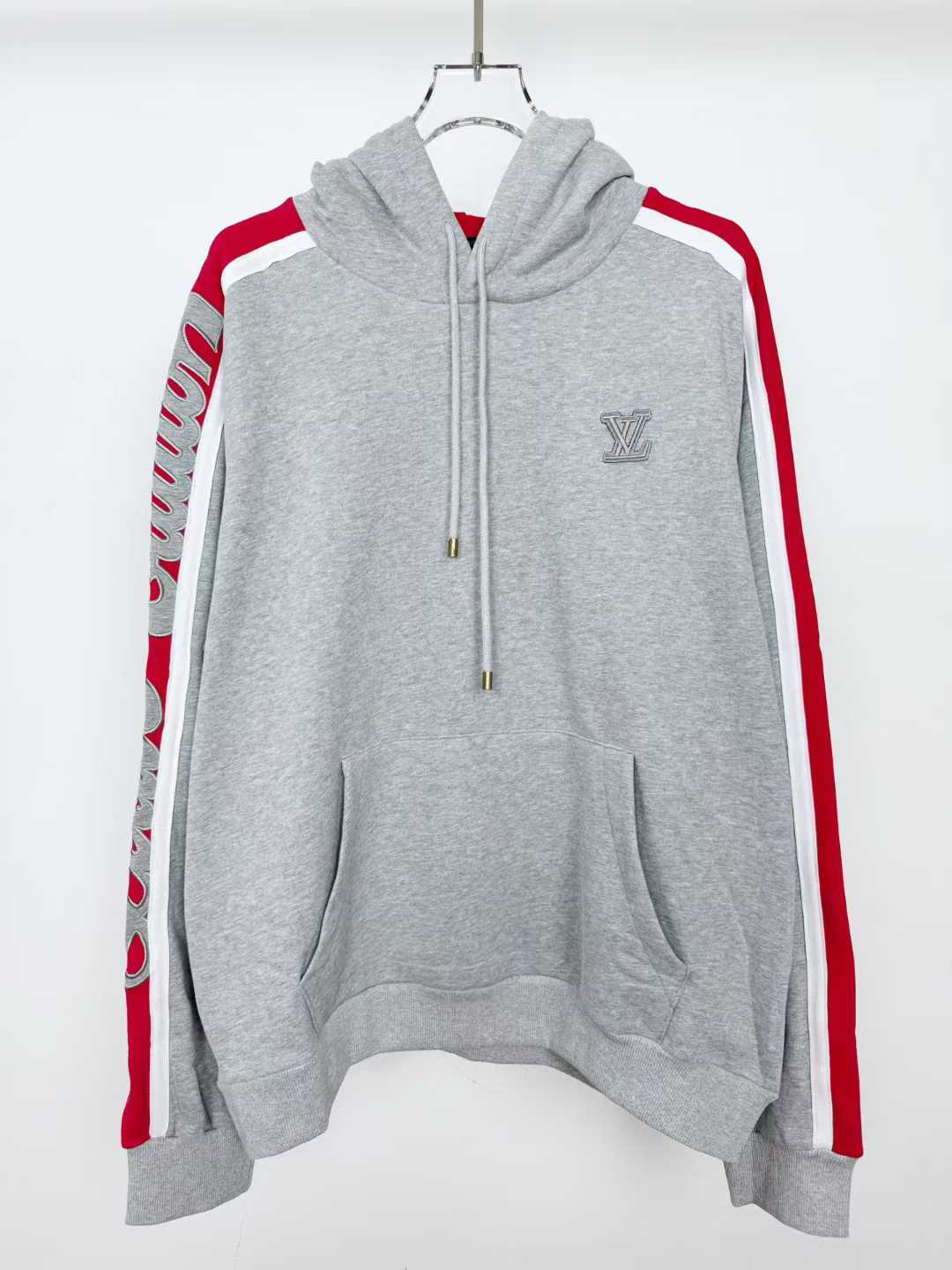 LV Signature Hoodie soft gray melange cotton jersey Red inserts and white stripes on the sleeves