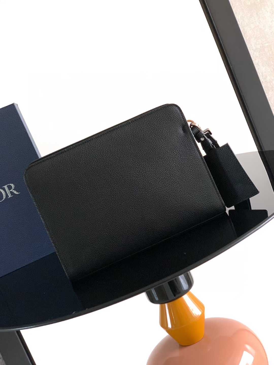 Dior CD Icon A5 Triangle Pouch in black matte grained calfskin