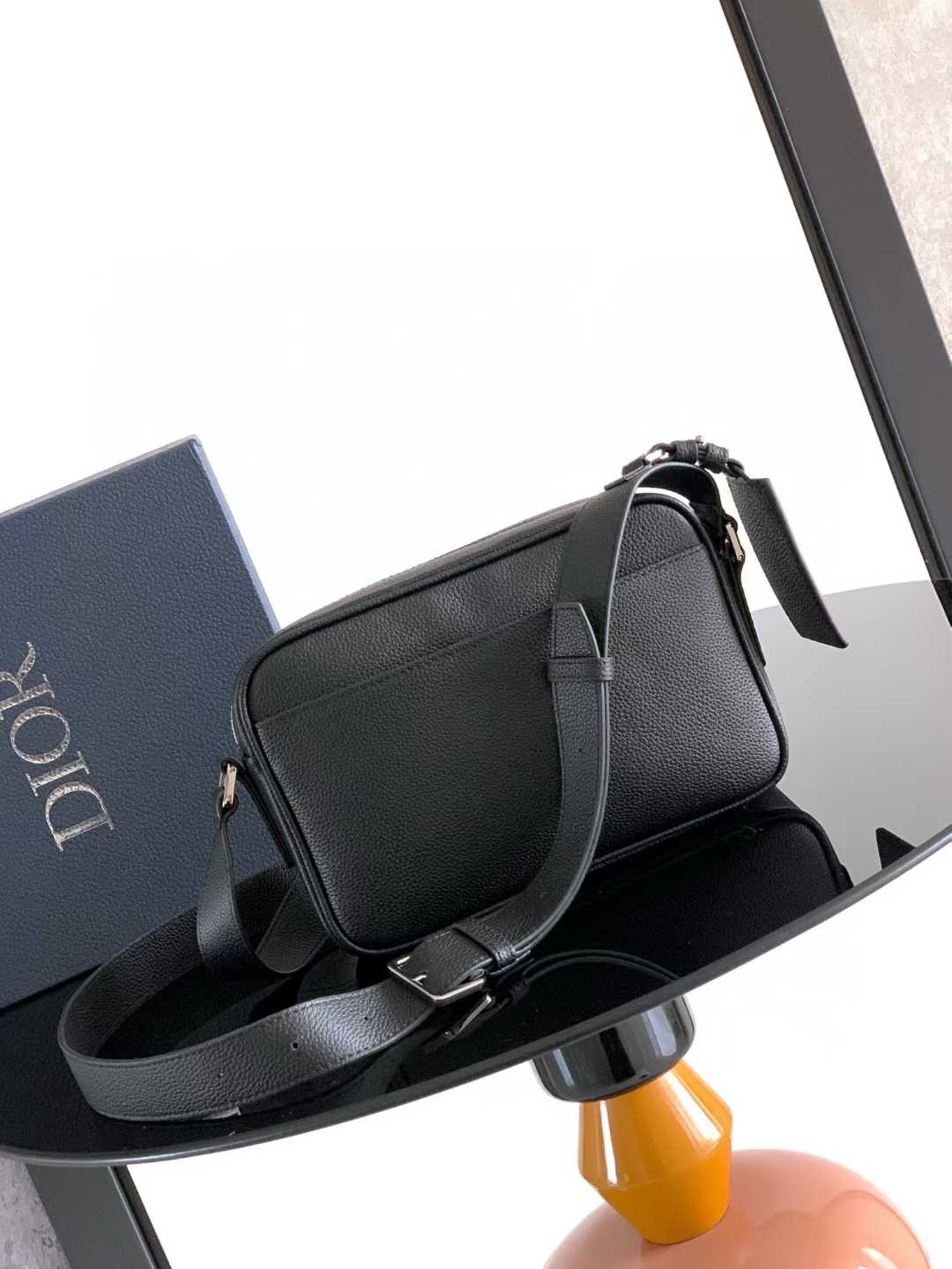 Dior CD Icon Zipped Messenger Bag in black matte grained calfskin