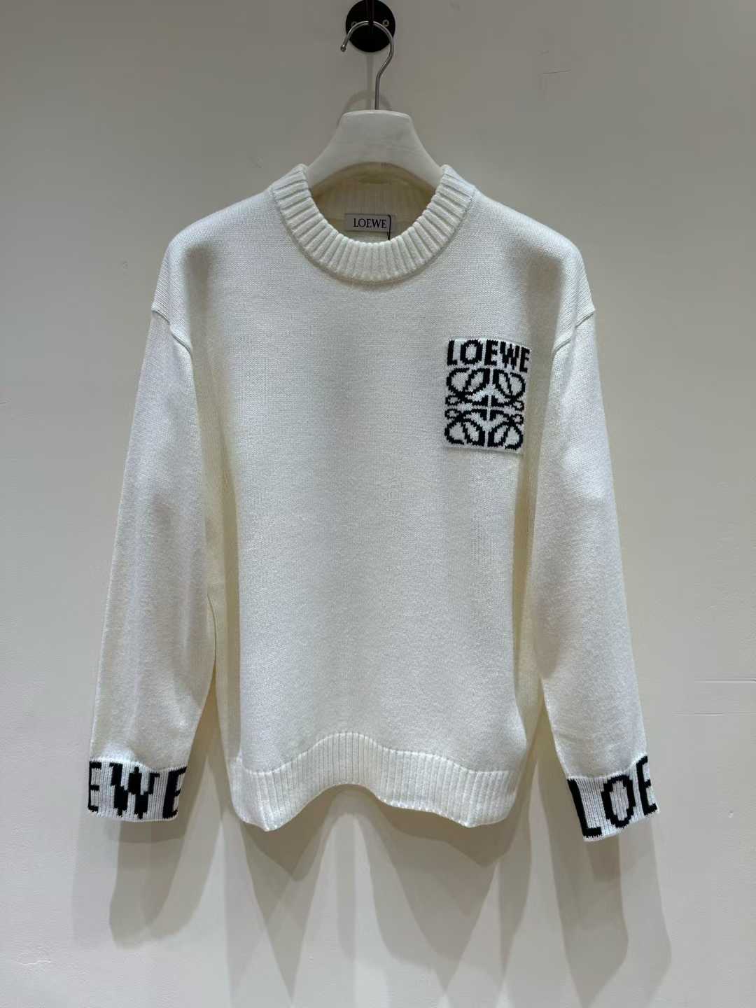 Loewe Anagram crewneck sweater in white wool with black embroidered logos