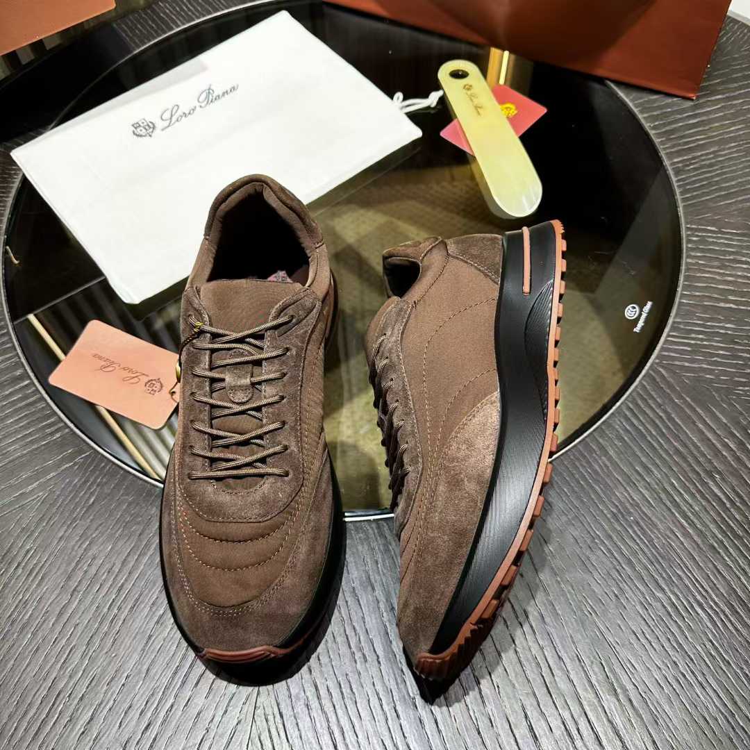 Loro Piana Week End Walk Sneaker in brown suede with a black and orange sole
