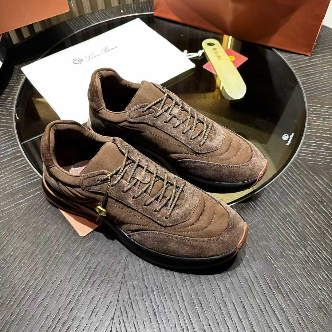 Loro Piana Week End Walk Sneaker in brown suede with a black and orange sole