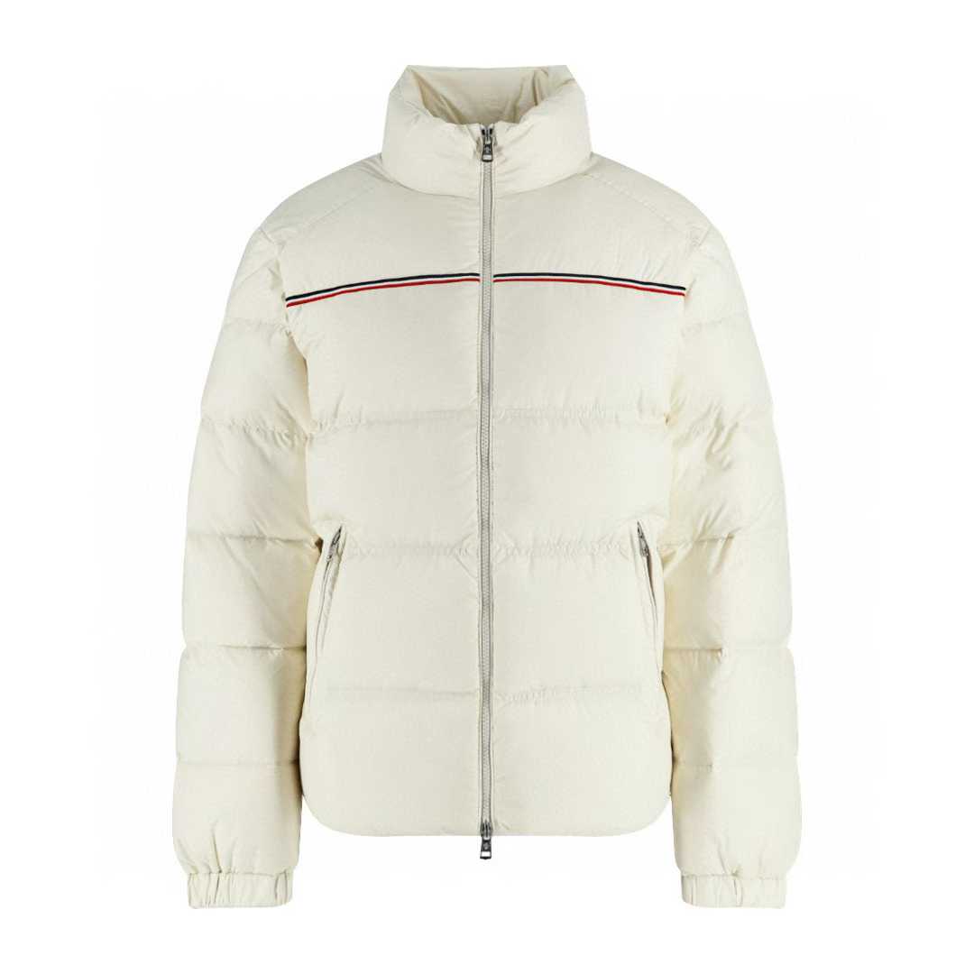 Moncler Bouvaque short down jacket in off-white/eggshell with a tricolor stripe detail