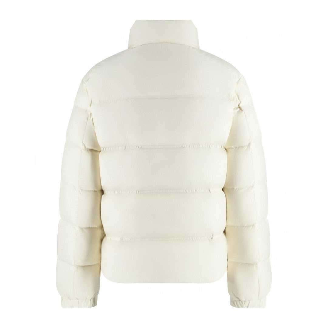 Moncler Bouvaque short down jacket in off-white/eggshell with a tricolor stripe detail