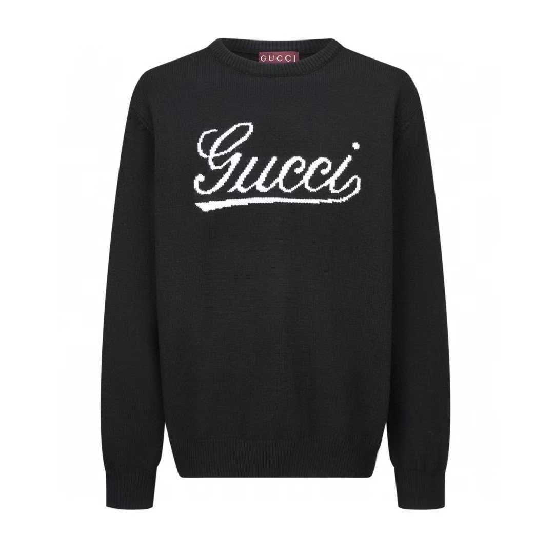 Gucci Logo Knit Sweater in black with a white script logo on the front