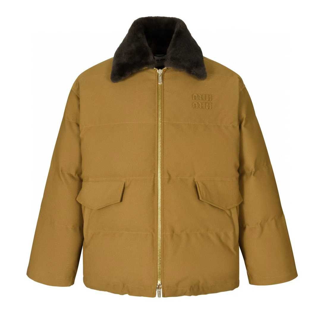Miu Miu Gabardine Down Jacket in a camel tone/tan color with a brown fur collar