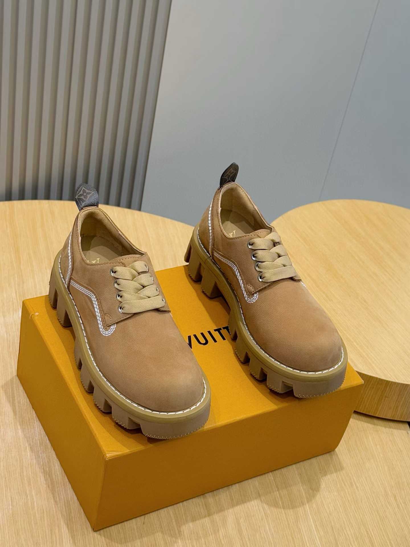 LV tan suede chunky platform lace-up shoes with white piping and lug soles