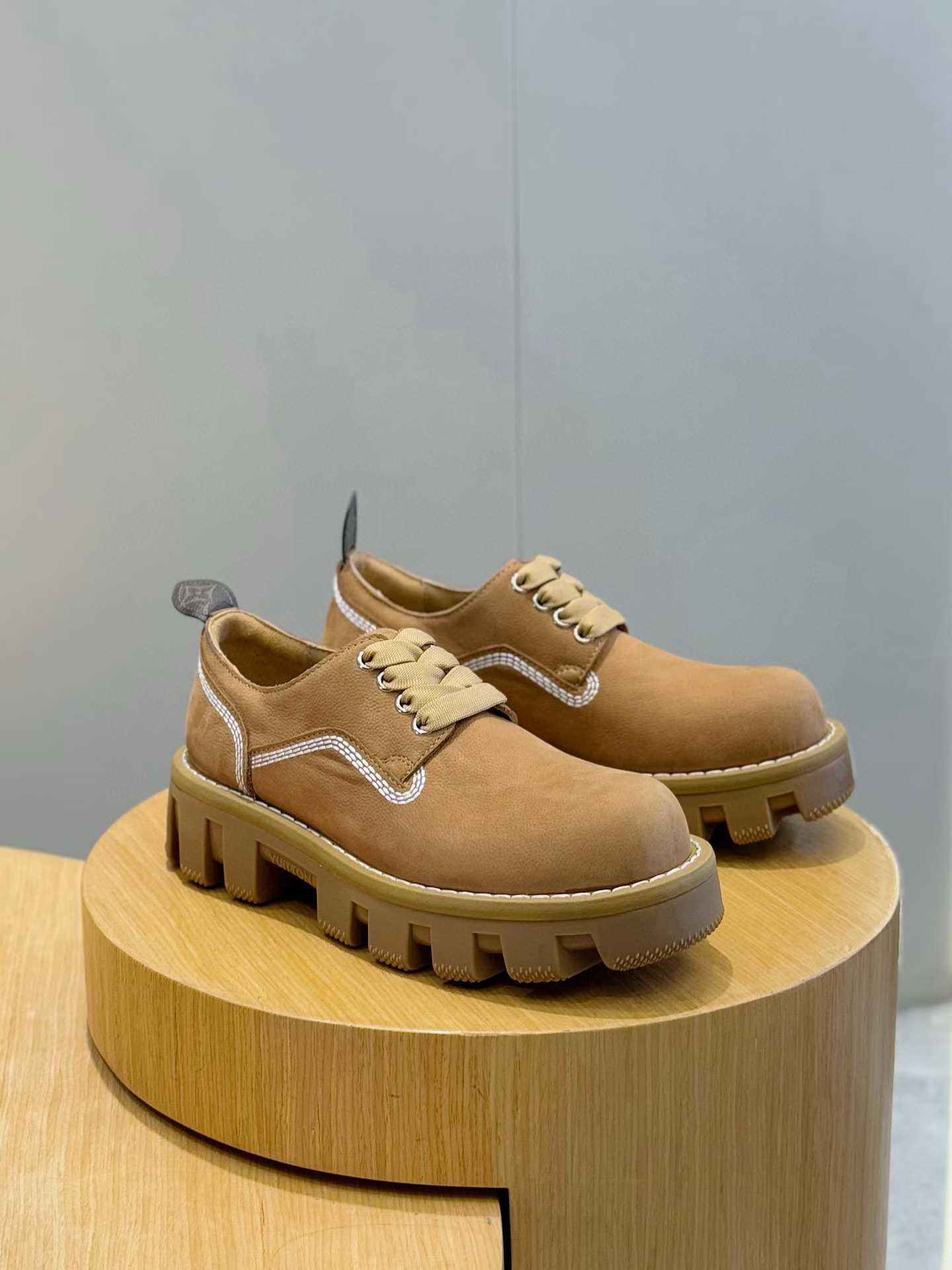 LV tan suede chunky platform lace-up shoes with white piping and lug soles