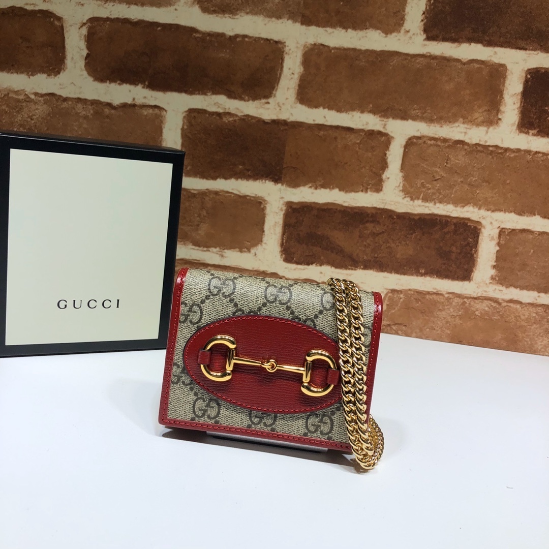 Gucci Horsebit 1955 wallet on-chain in beige and dark brown GG Supreme canvas with Rosso Ancora red leather trim and gold-tone hardware