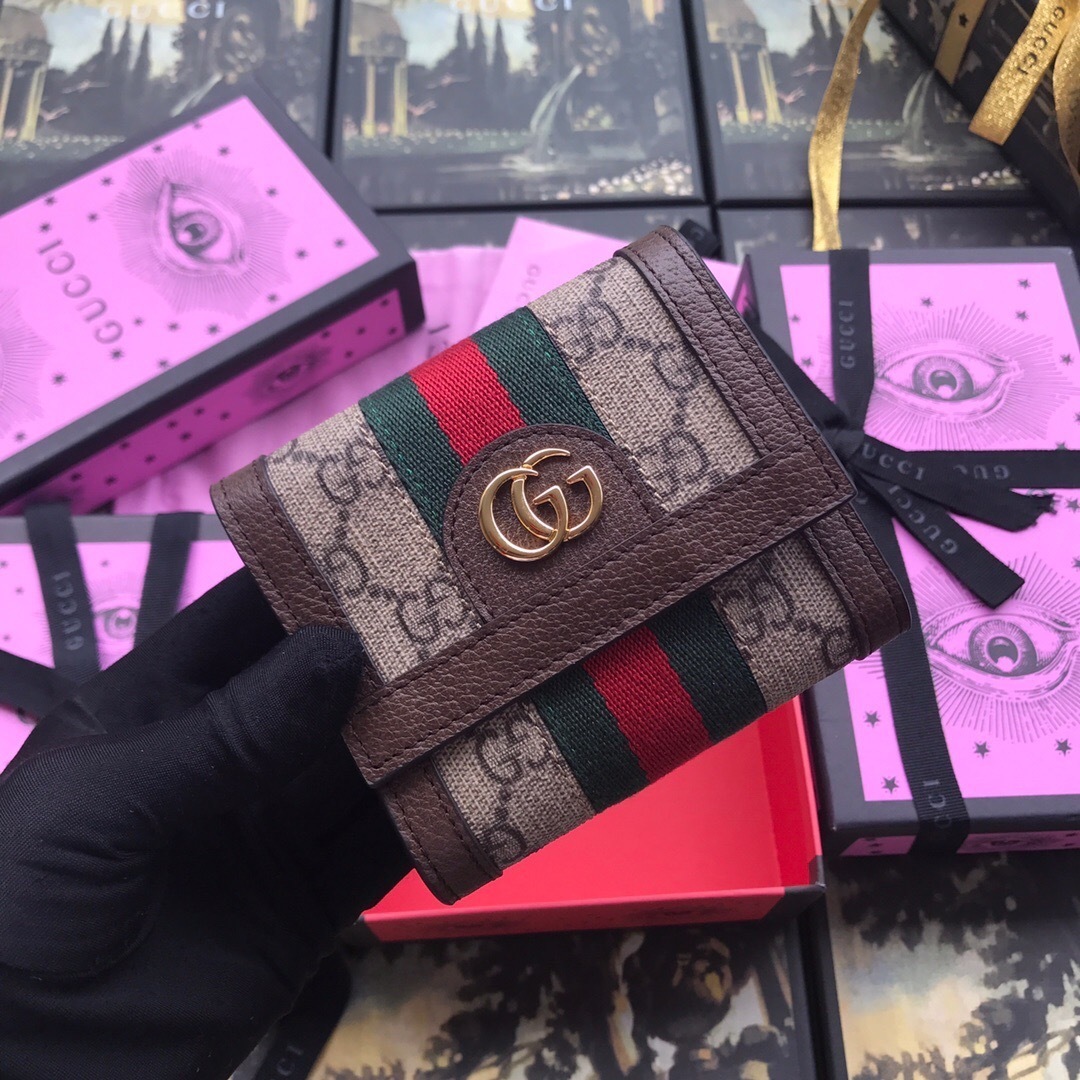 Gucci Ophidia GG wallet in beige and brown GG Supreme canvas with a green and red Web stripe and gold-toned Double G hardware