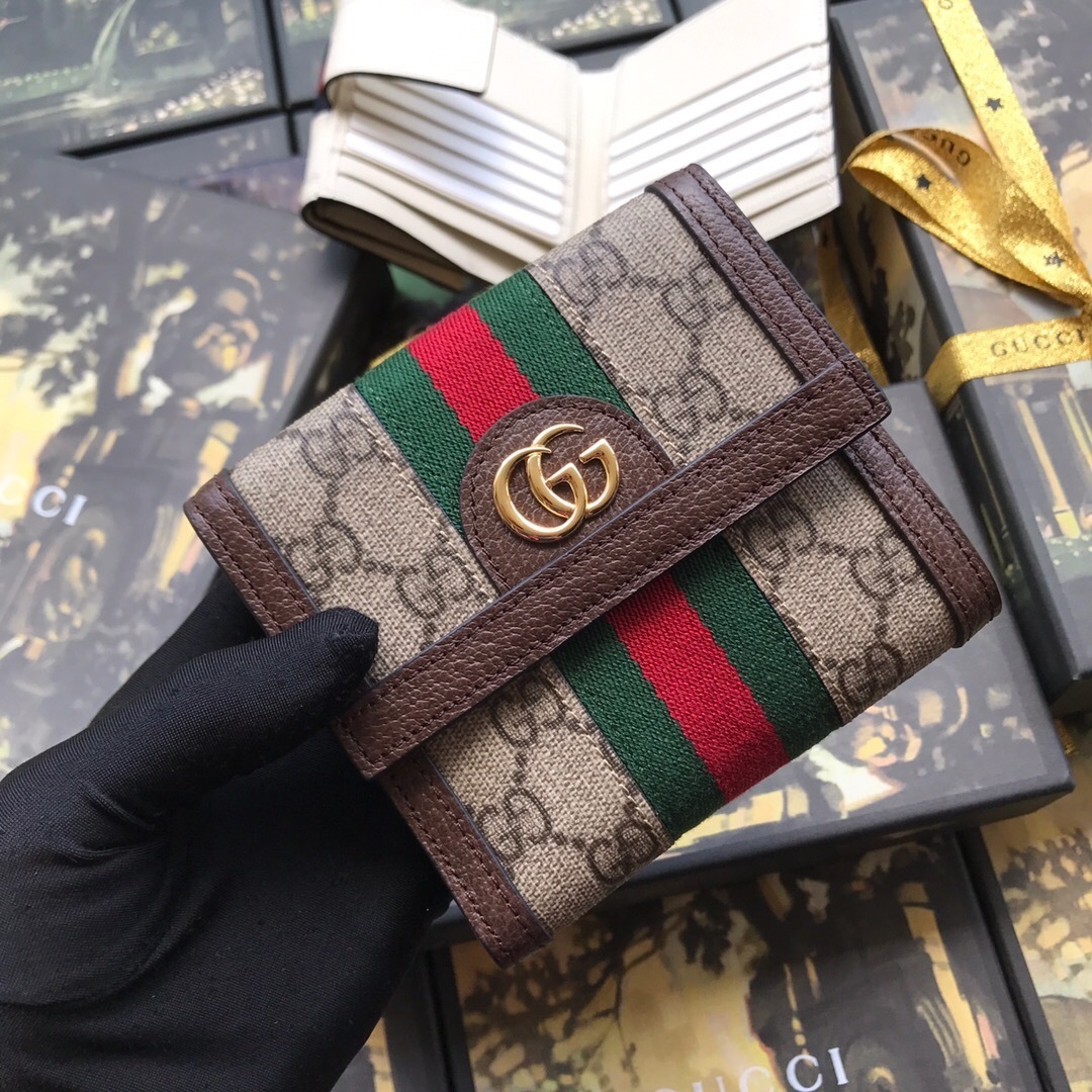 Gucci Ophidia GG French flap bifold wallet in GG Supreme canvas with brown leather trim and gold-toned hardware