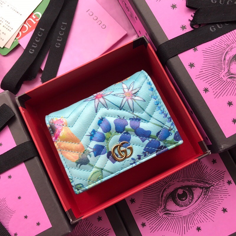 Gucci x Unskilled Worker Calfskin Matelassé Flora Painted GG Marmont Card Case in cloudy blue multicolor leather