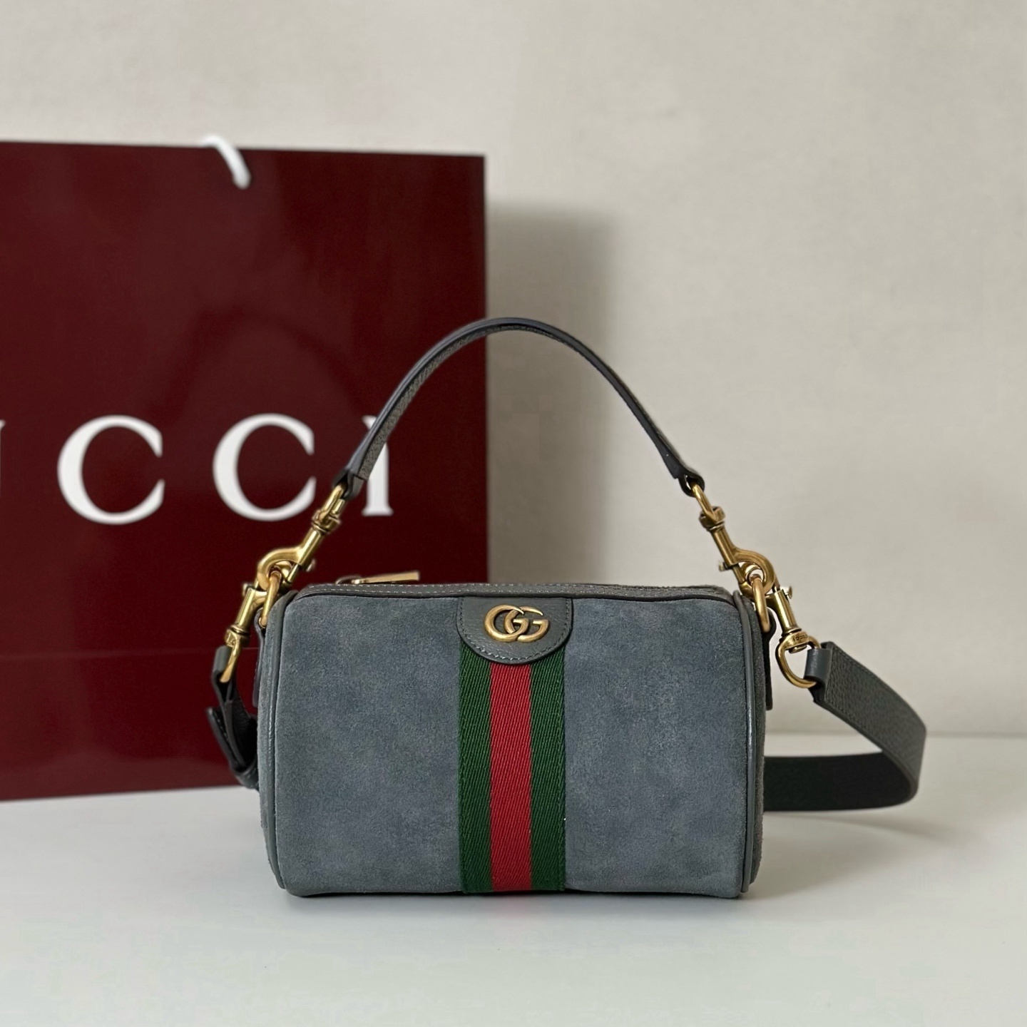 Gucci Ophidia Mini handbag in grey suede with a red and green Web stripe and gold-toned Double G hardware