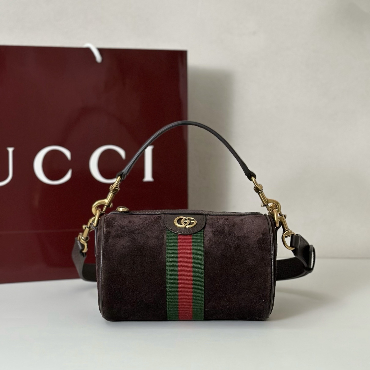 Gucci Ophidia mini bag in dark brown suede with a green and red Web detail