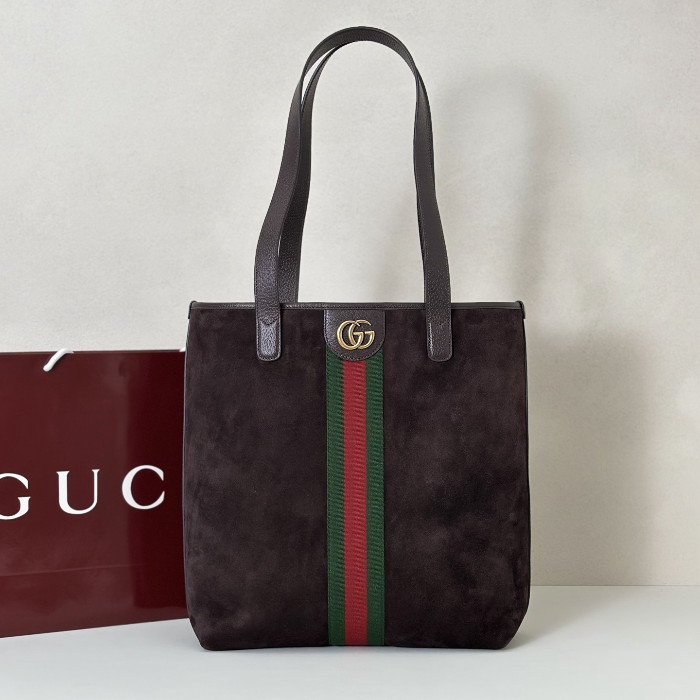 Gucci Ophidia medium tote bag in dark brown suede with a green and red Web stripe