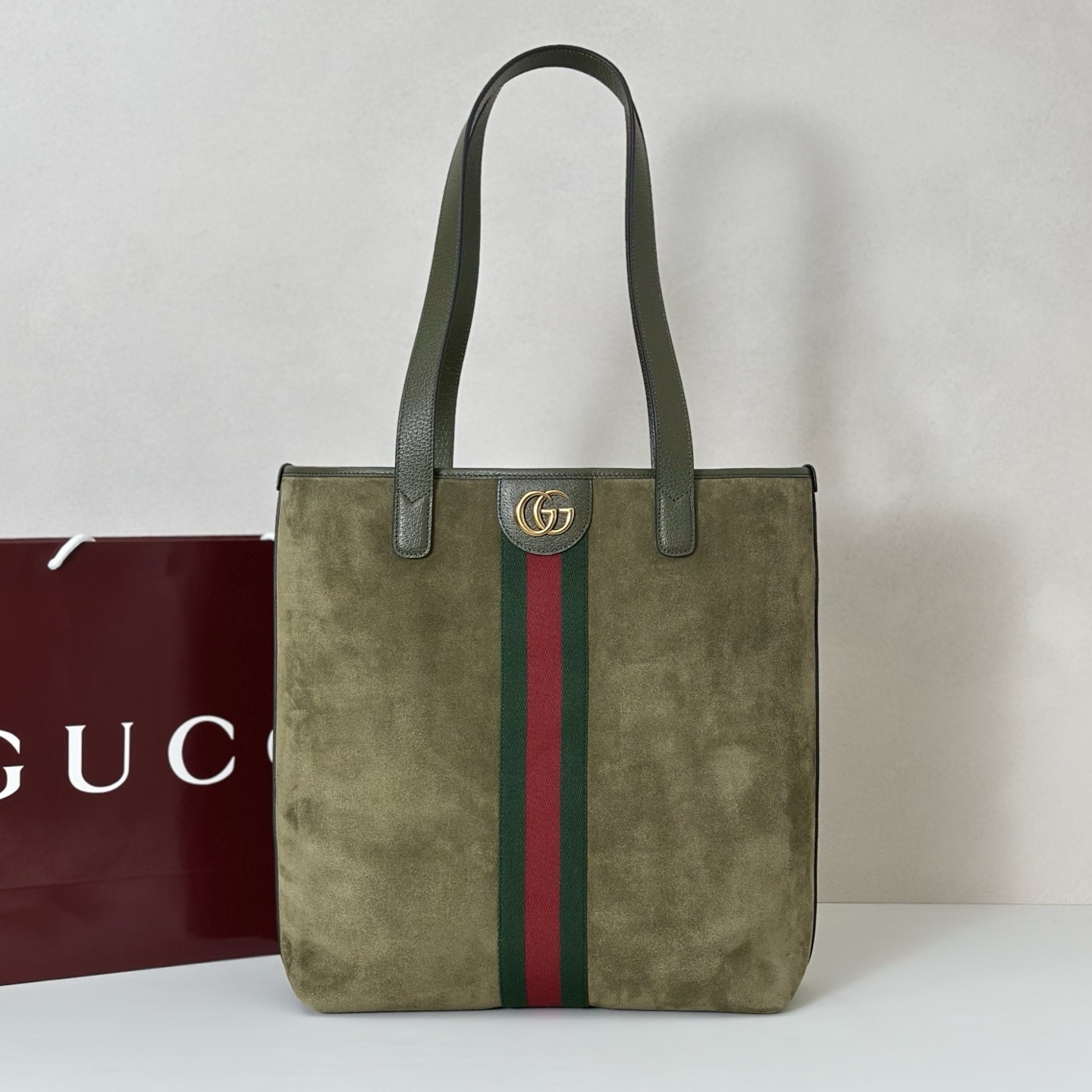 Gucci medium Ophidia tote bag in dark green suede with green and red Web stripe detail