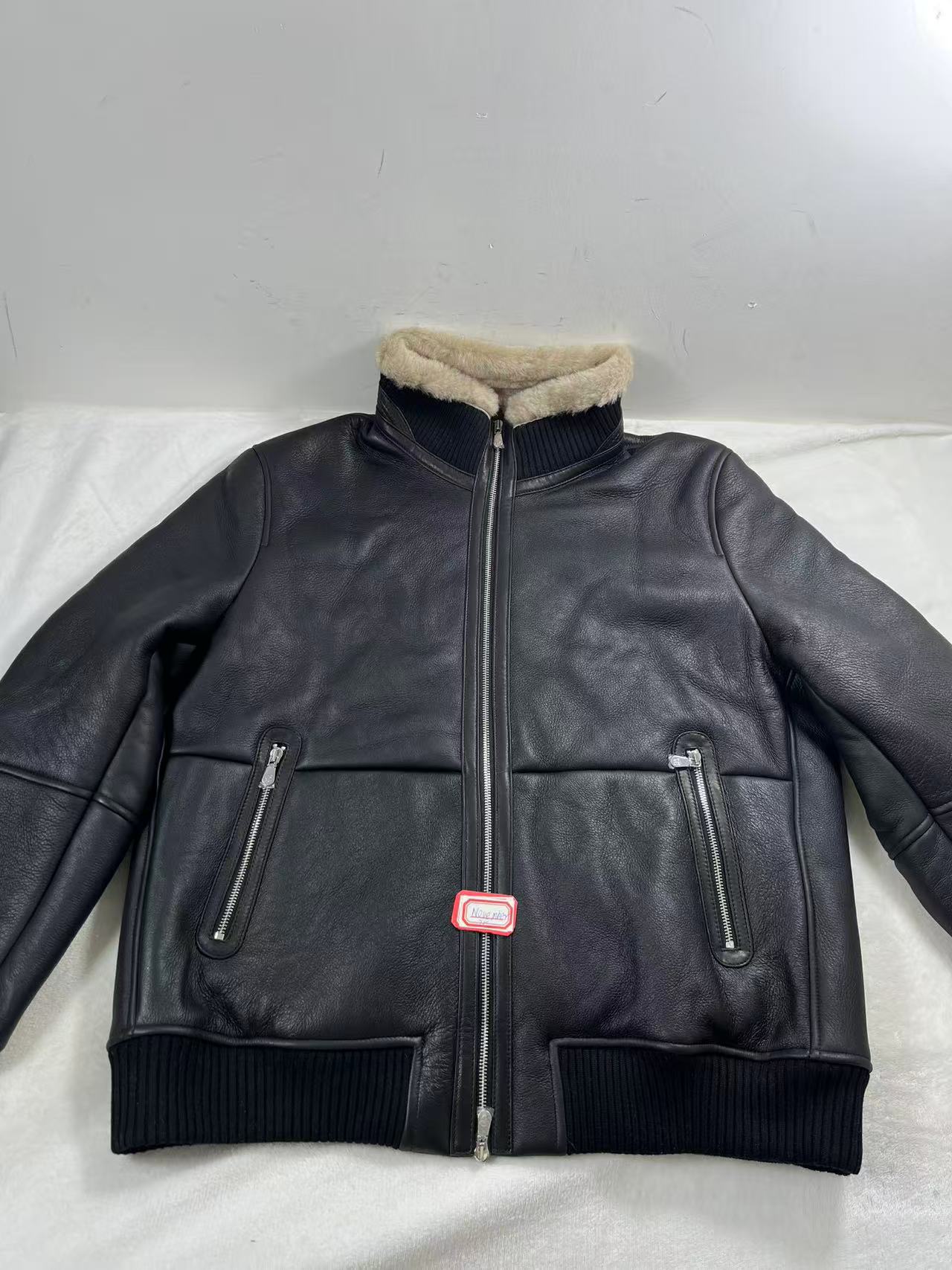 Brunello Cucinelli black leather and lamb fur-lining bomber jacket size56