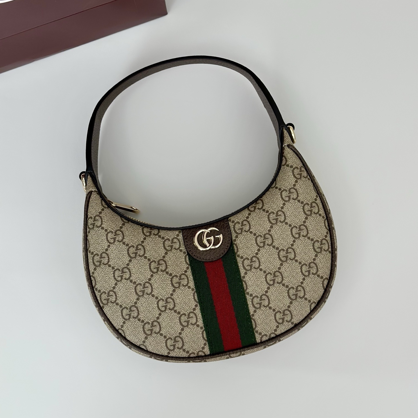 Gucci Ophidia small shoulder bag in beige and brown GG monogram coated canvas with a green and red Web stripe detail and brown leather trim