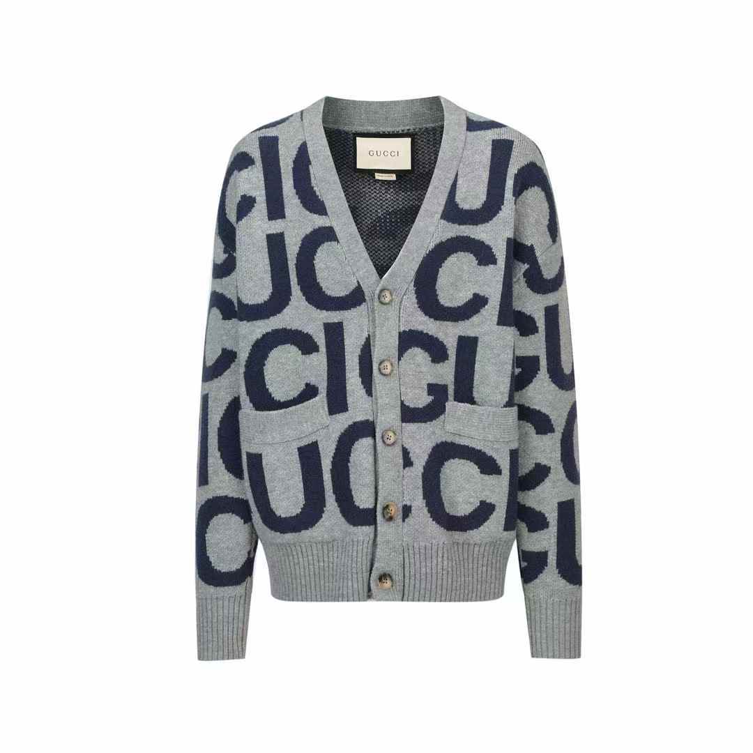 Gucci Logo intarsia wool cardigan in grey and navy blue