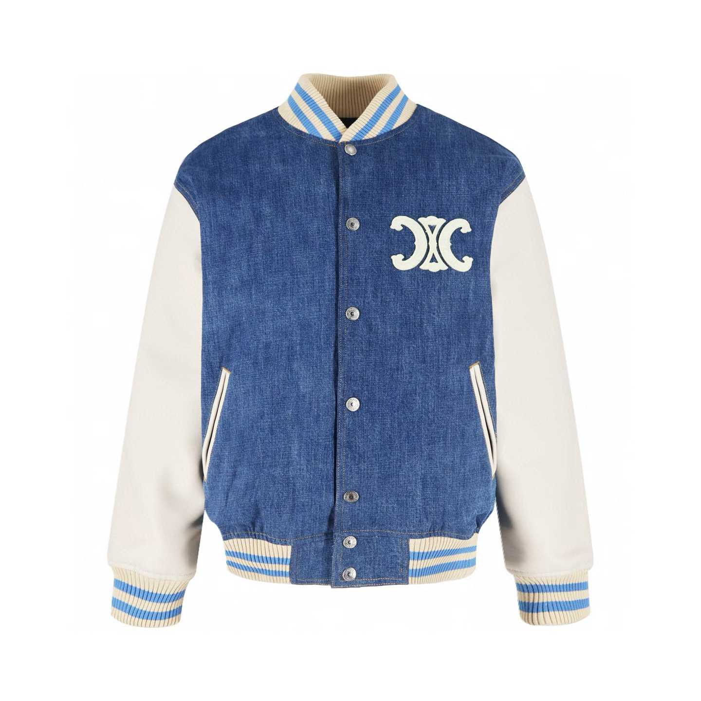 Celine Teddy Logo-Appliquéd Leather-Trimmed Denim Bomber Jacket