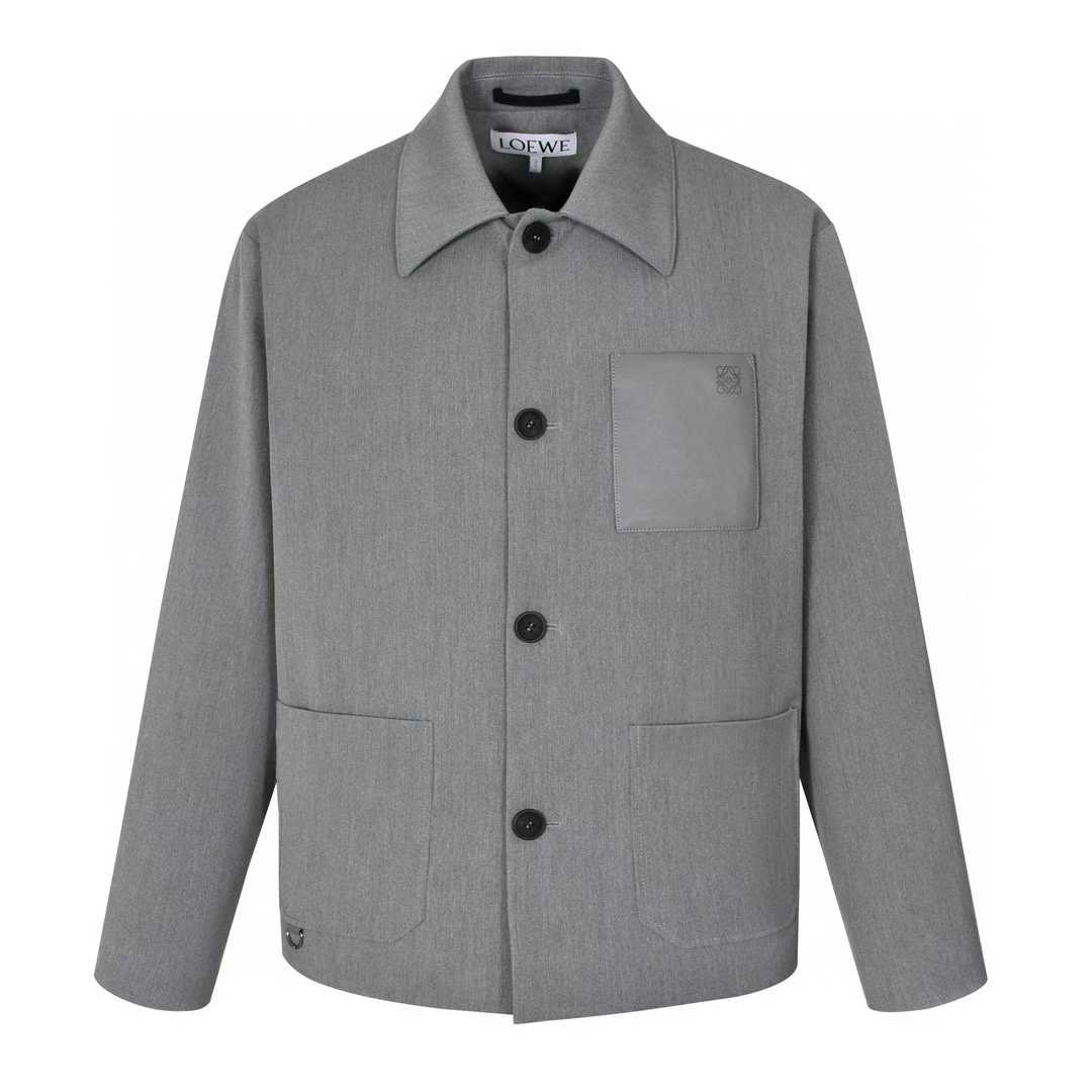 LOEWE Workwear jacket in a grey melange wool and cashmere blend with an Anagram embossed leather chest patch pocket