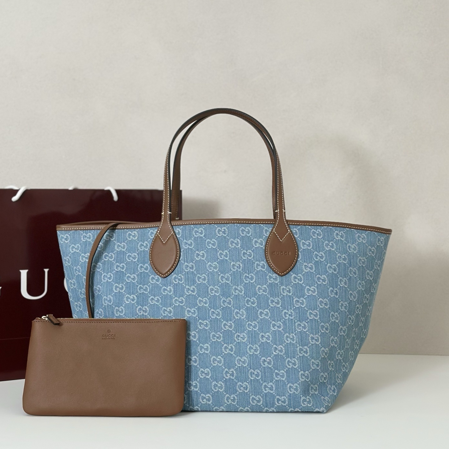 Gucci Totissima tote bag in blue GG denim with brown leather trim