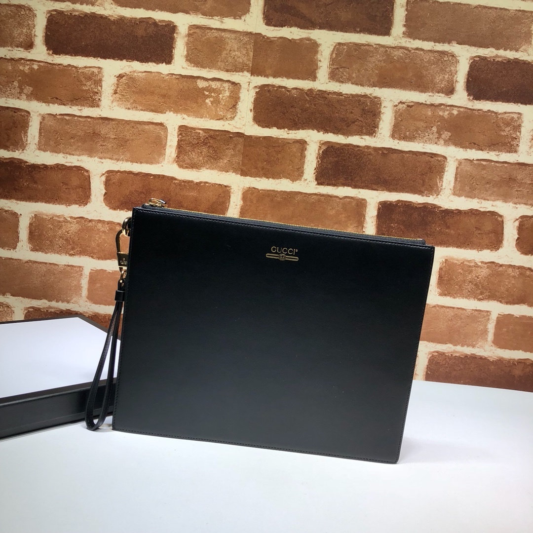 Gucci black leather pouch with a vintage logo print and a wristlet strap