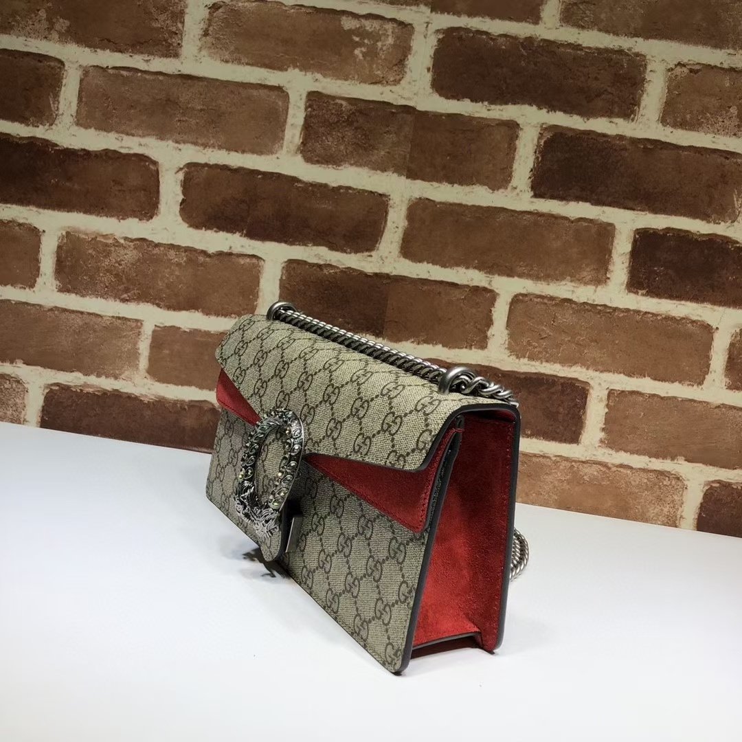 Gucci Dionysus small shoulder bag in beige GG Supreme canvas and red suede with palladium-tone hardware