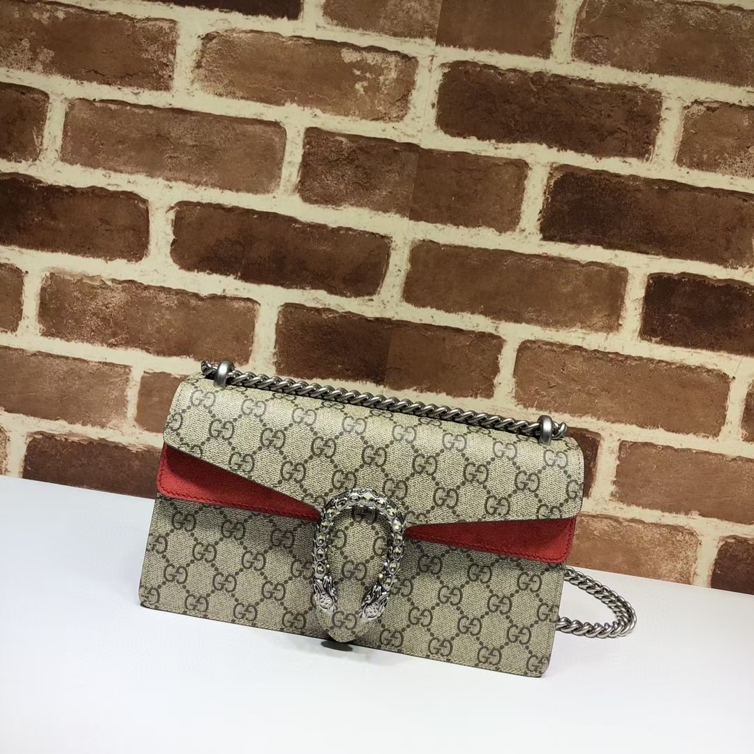 Gucci Dionysus small shoulder bag in beige GG Supreme canvas and red suede with palladium-tone hardware