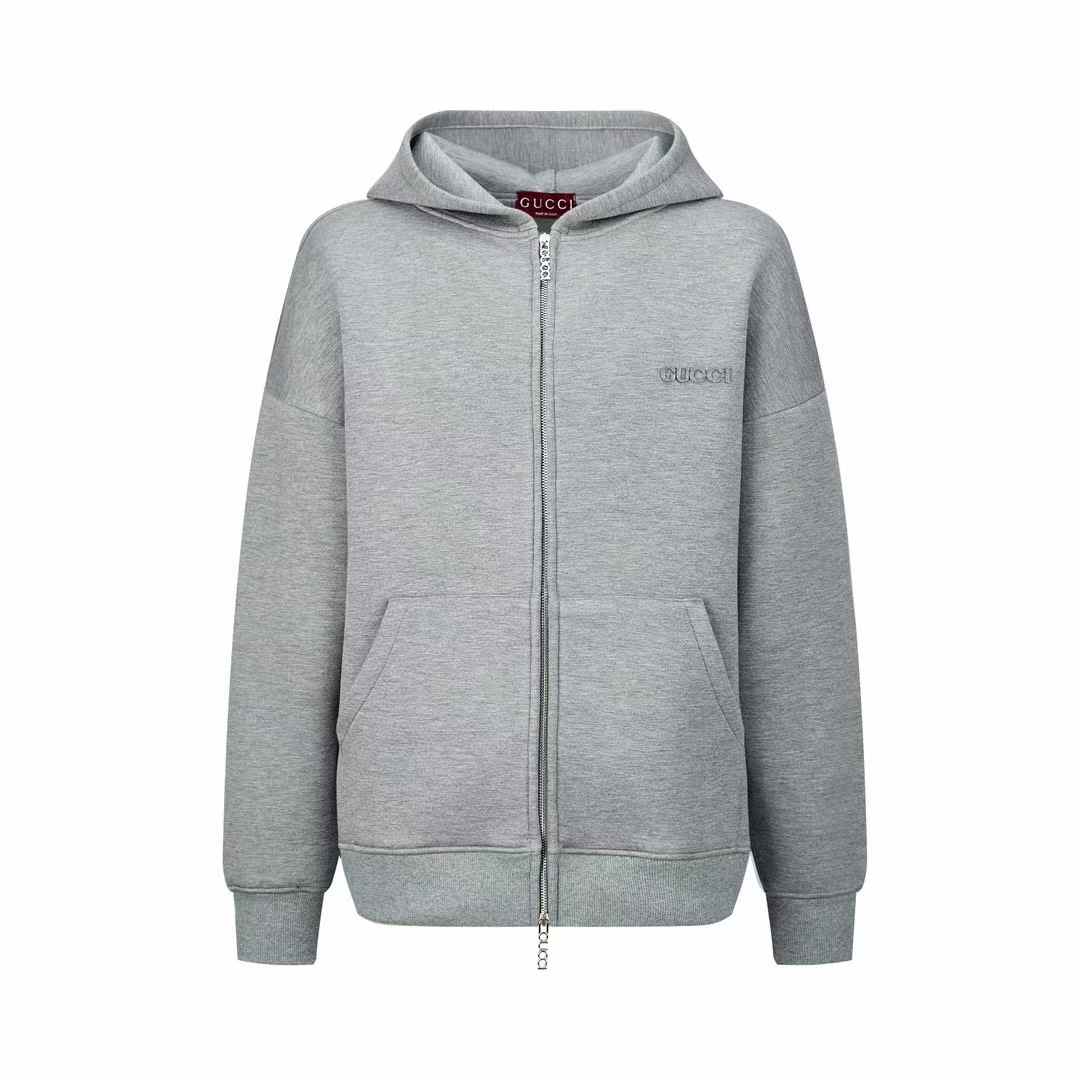 Gucci zip-through hoodie grey in a cotton blend with an embroidered logo.