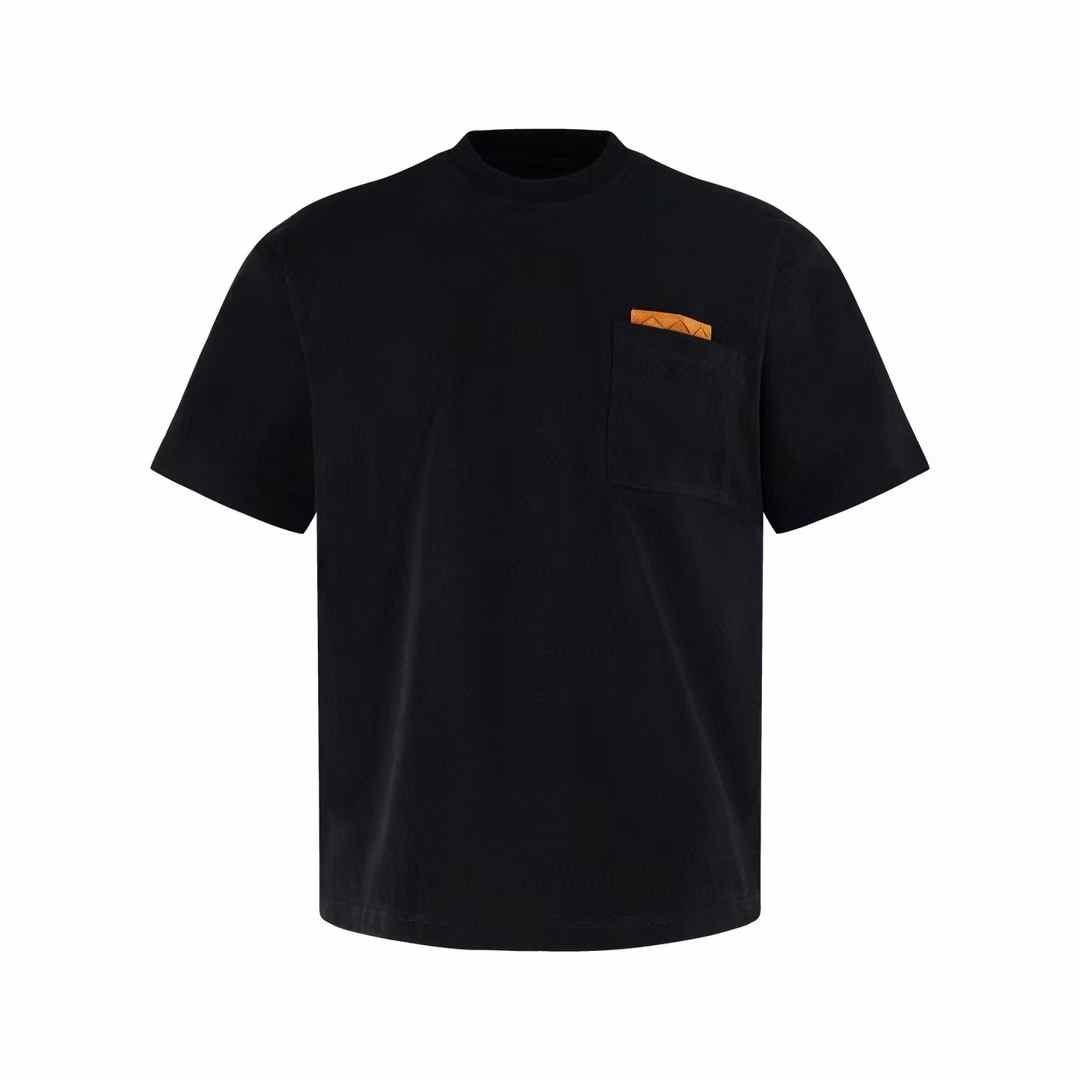 Bottega Veneta black cotton t-shirt with a brown suede intrecciato leather patch detail