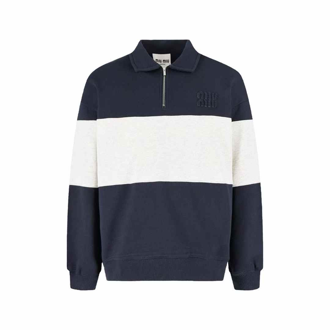 Miu Miu striped cotton half-zip polo shirt in blue and white