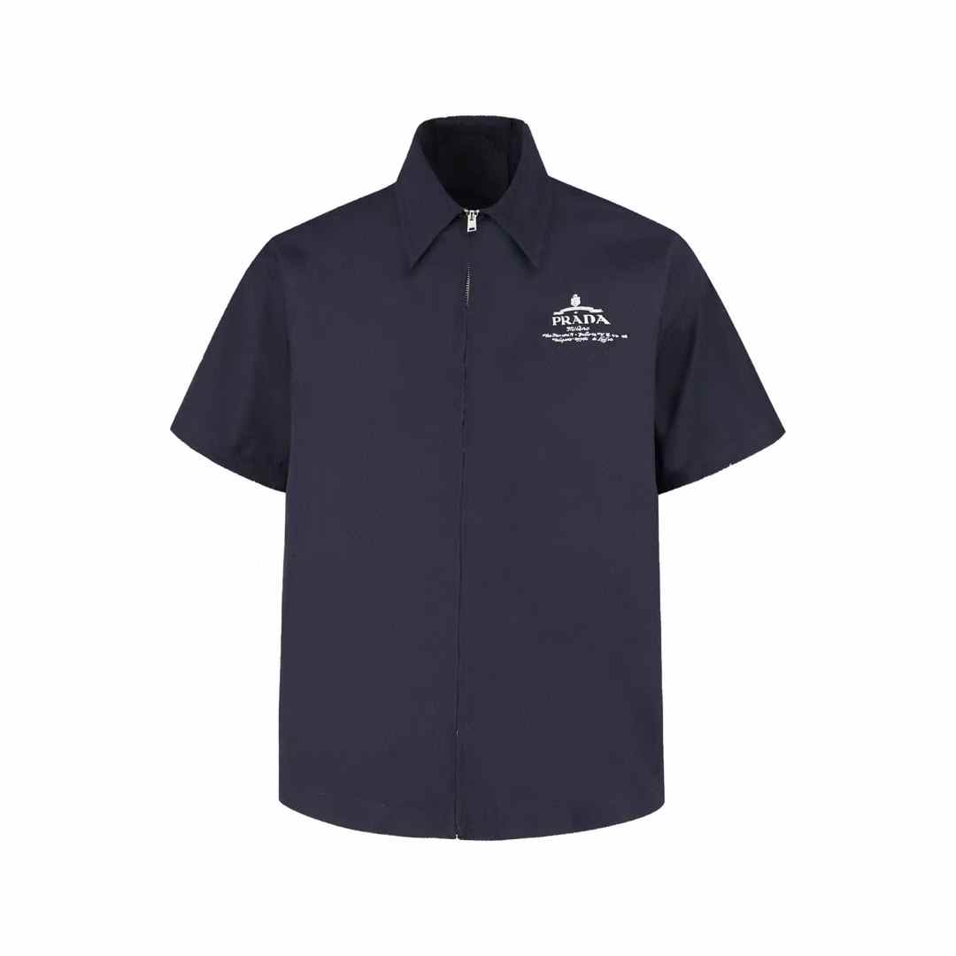 Prada Short-sleeved Technical Cotton Shirt in navy blue