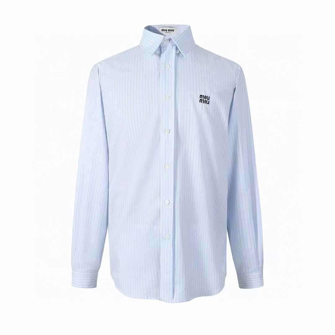 Miu Miu light blue and white striped cotton button-down shirt with an embroidered logo on the chest