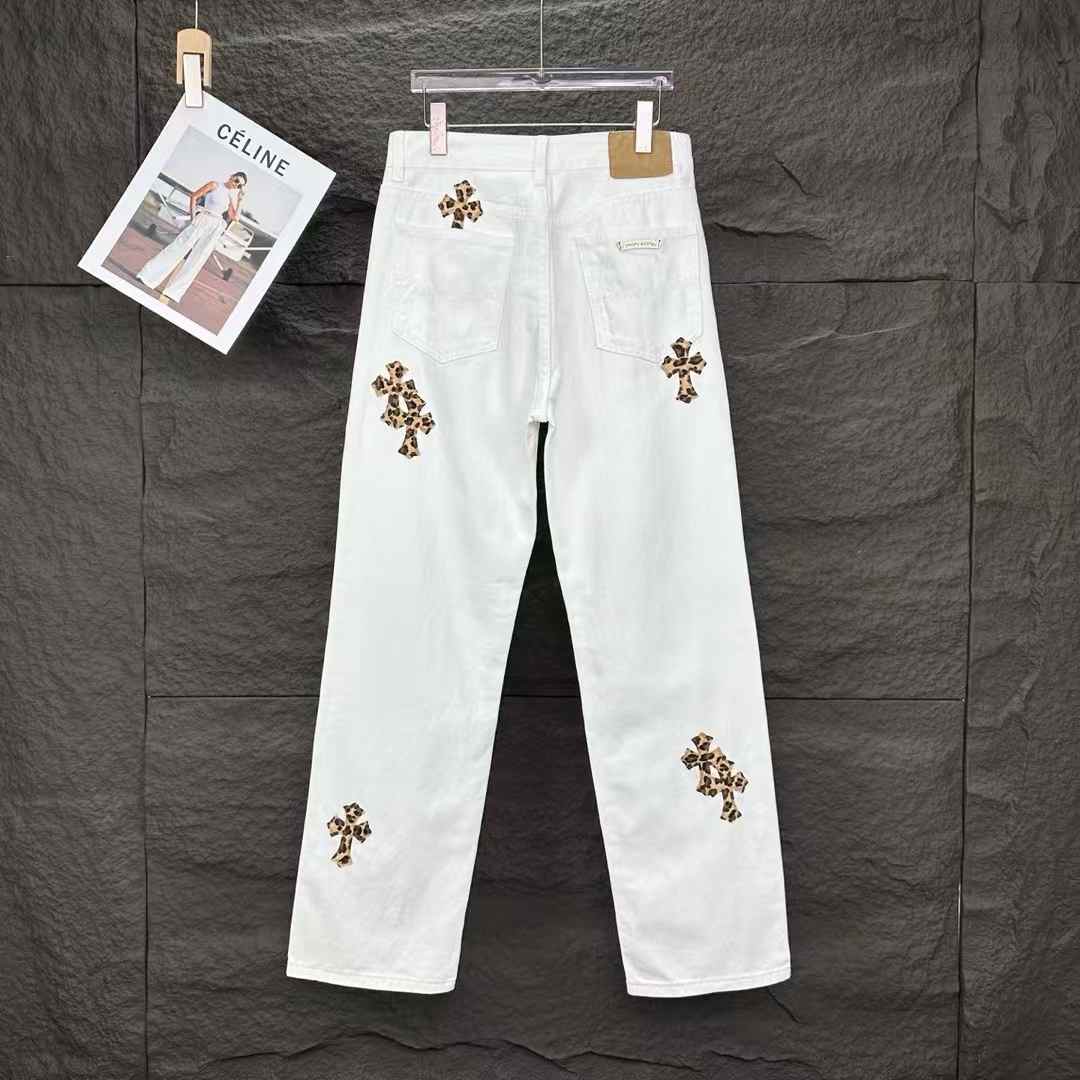 Chrome Hearts Matty Boy white denim jeans with leopard suede crosses and custom graphics